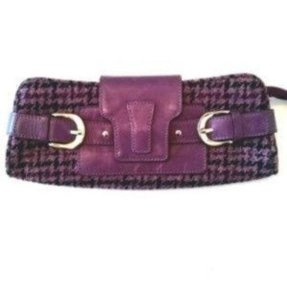 Banana Republic Purple Houndstooth Wool Blend & Leather Clutch Zipper Closure - Picture 1 of 8